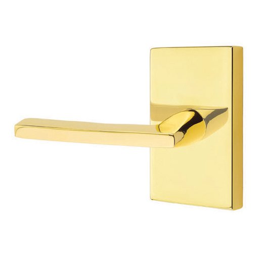 Privacy Helios Left Handed Door Lever With Modern Rectangular Rose in Unlacquered Brass
