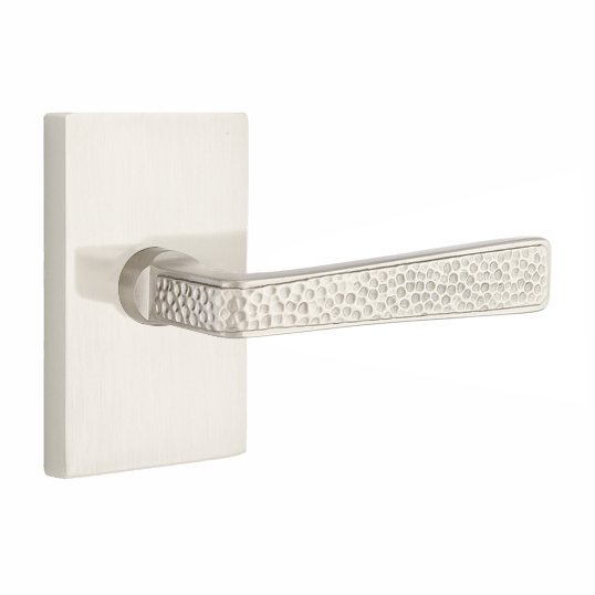 Privacy Hammered Door Lever with Modern Rectangular Rose with Concealed Screws in Satin Nickel