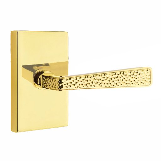 Right Handed Privacy Hammered Door Lever with Modern Rectangular Rose in Unlacquered Brass