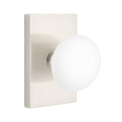 Privacy Ice White Knob And Modern Rectangular Rosette With Concealed Screws in Satin Nickel