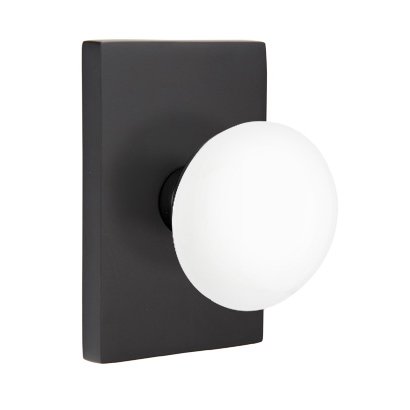 Privacy Ice White Knob And Modern Rectangular Rosette With Concealed Screws in Flat Black