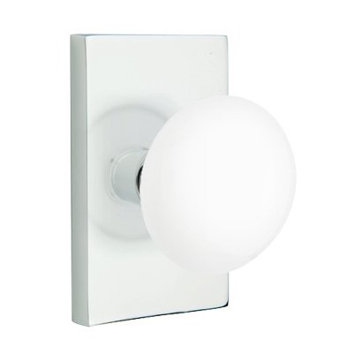 Privacy Ice White Porcelain Knob With Modern Rectangular Rosette in Polished Chrome