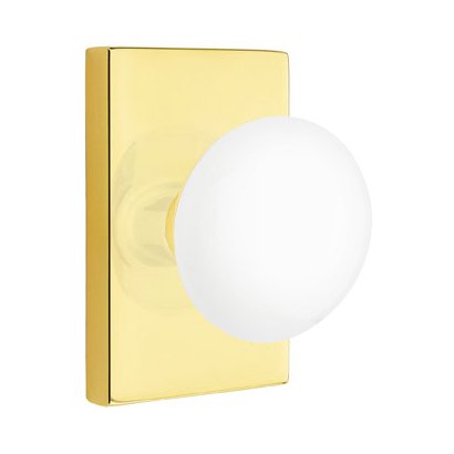 Privacy Ice White Porcelain Knob With Modern Rectangular Rosette in Unlacquered Brass