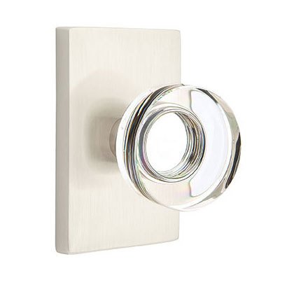 Modern Disc Glass Privacy Door Knob and Modern Rectangular Rose with Concealed Screws in Satin Nickel