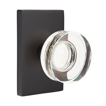 Modern Disc Glass Privacy Door Knob and Modern Rectangular Rose with Concealed Screws in Flat Black