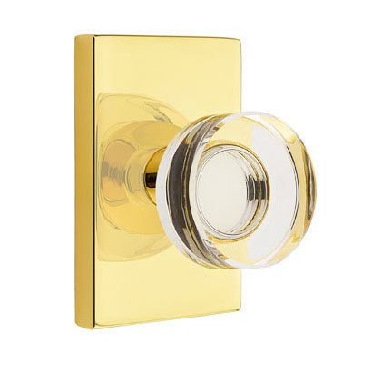 Modern Disc Glass Privacy Door Knob with Modern Rectangular Rose in Unlacquered Brass