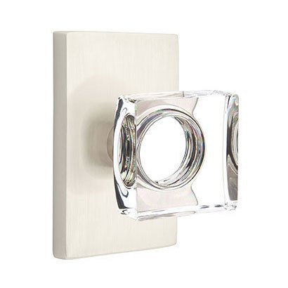 Modern Square Glass Privacy Door Knob and Modern Rectangular Rose with Concealed Screws in Satin Nickel