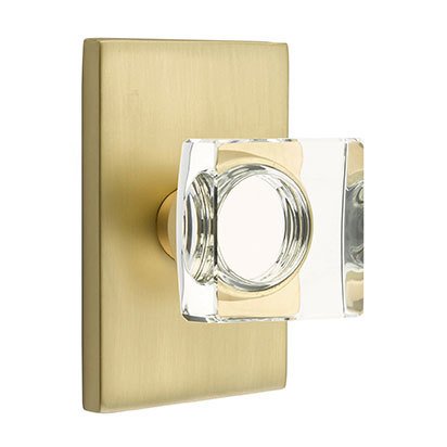 Modern Square Glass Privacy Door Knob and Modern Rectangular Rose with Concealed Screws in Satin Brass