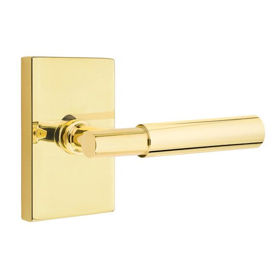 Privacy Myles Right Handed Lever with Modern Rectangular Rose in Unlacquered Brass