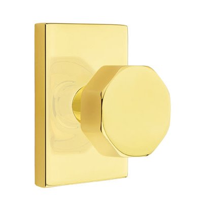 Privacy Octagon Door Knob With Modern Rectangular Rose in Unlacquered Brass