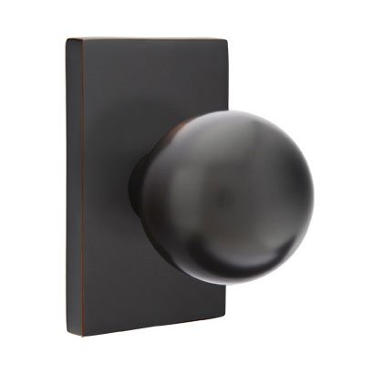 Privacy Orb Door Knob With Modern Rectangular Rose in Oil Rubbed Bronze