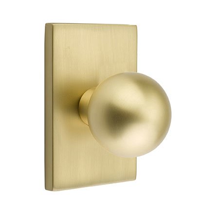 Privacy Orb Door Knob With Modern Rectangular Rose in Satin Brass