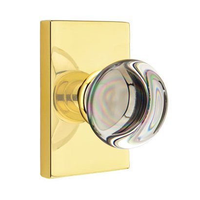 Providence Privacy Door Knob and Modern Rectangular Rose with Concealed Screws in Unlacquered Brass