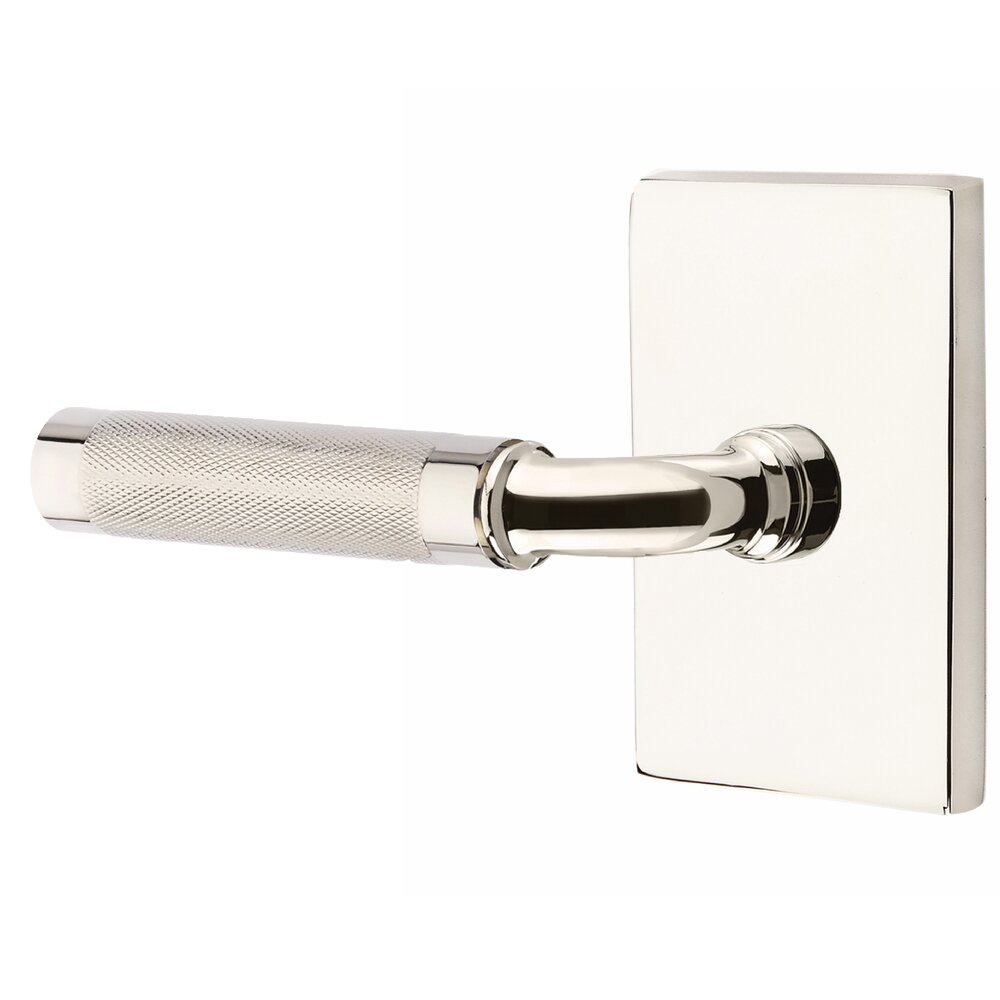 Privacy Knurled Left Handed Lever with R-Bar Stem and Modern Rectangular Rose in Polished Nickel
