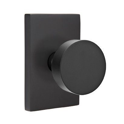 Privacy Round Door Knob And Modern Rectangular Rose With Concealed Screws in Flat Black