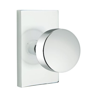 Privacy Round Door Knob And Modern Rectangular Rose With Concealed Screws in Polished Chrome
