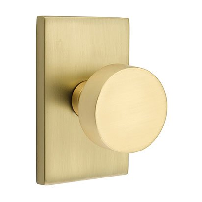 Privacy Round Door Knob And Modern Rectangular Rose With Concealed Screws in Satin Brass