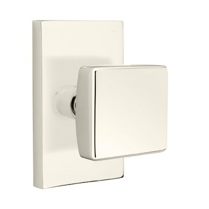 Privacy Square Door Knob With Modern Rectangular Rose in Polished Nickel