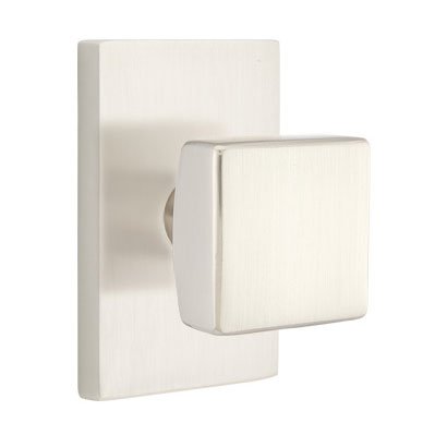 Privacy Square Door Knob With Modern Rectangular Rose in Satin Nickel