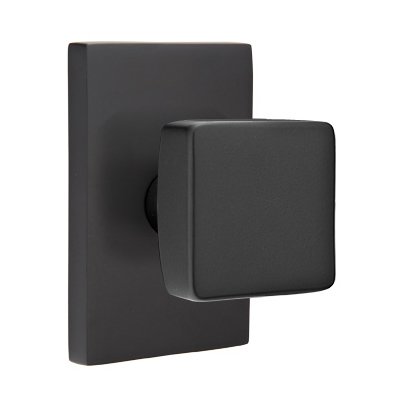 Privacy Square Door Knob With Modern Rectangular Rose in Flat Black