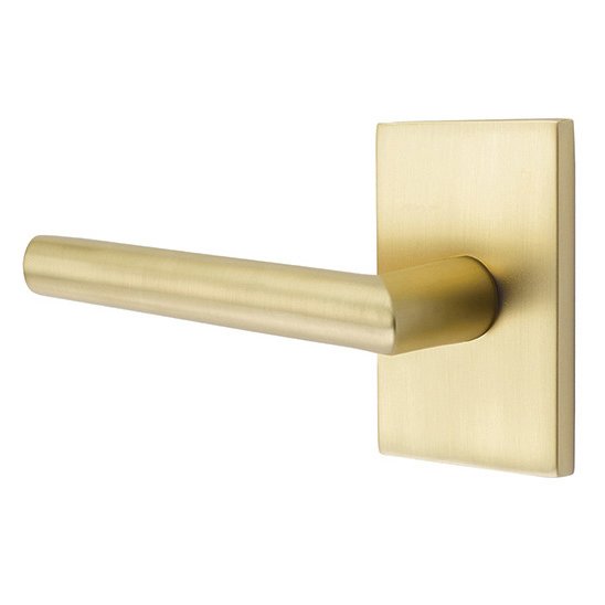 Privacy Stuttgart Left Handed Door Lever And Modern Rectangular Rose with Concealed Screws in Satin Brass