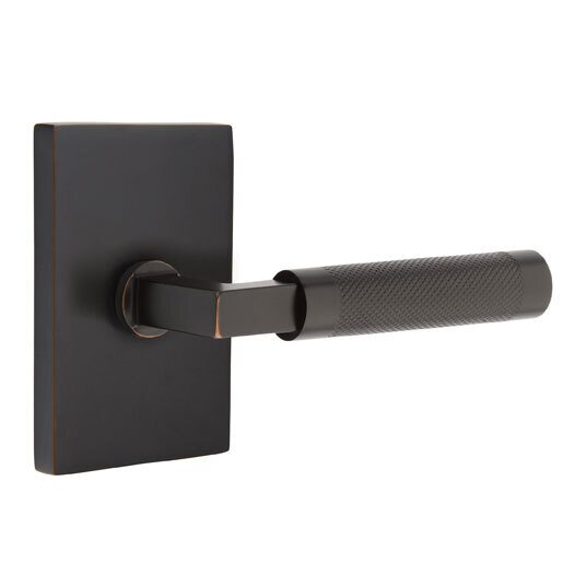 Privacy Knurled Right Handed Lever with L-Square Stem and Modern Rectangular Rose in Oil Rubbed Bronze