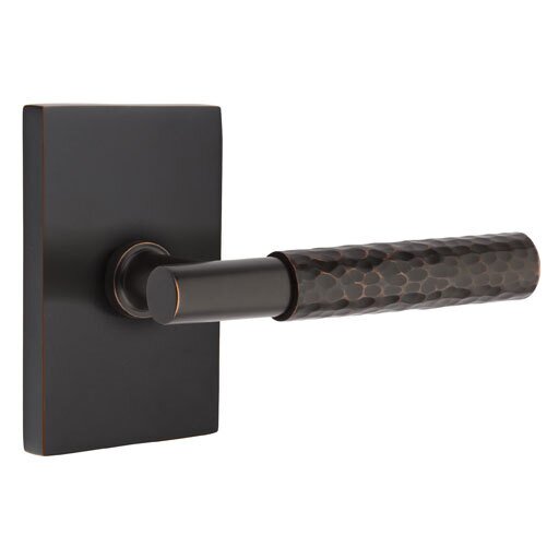 Privacy Hammered Right Handed Lever with T-Bar Stem and Modern Rectangular Rose in Oil Rubbed Bronze