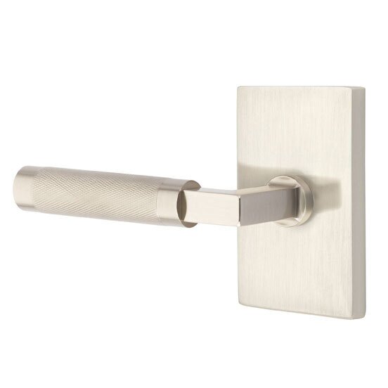 Privacy Knurled Left Handed Lever with L-Square Stem and Modern Rectangular Rose in Satin Nickel