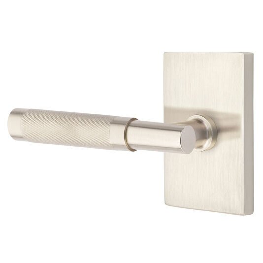 Privacy Knurled Left Handed Lever with T-Bar Stem and Modern Rectangular Rose in Satin Nickel