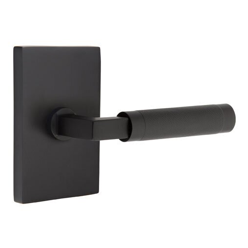 Privacy Knurled Right Handed Lever with L-Square Stem and Modern Rectangular Rose in Flat Black