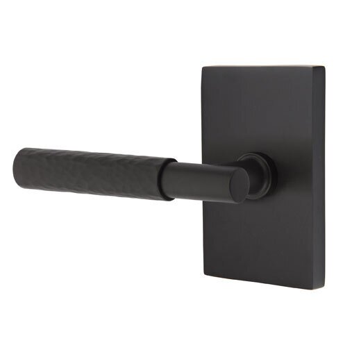 Privacy Hammered Left Handed Lever with T-Bar Stem and Modern Rectangular Rose in Flat Black