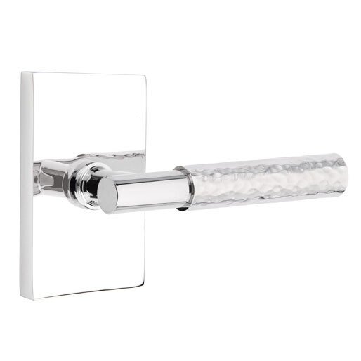 Privacy Hammered Right Handed Lever with T-Bar Stem and Modern Rectangular Rose in Polished Chrome