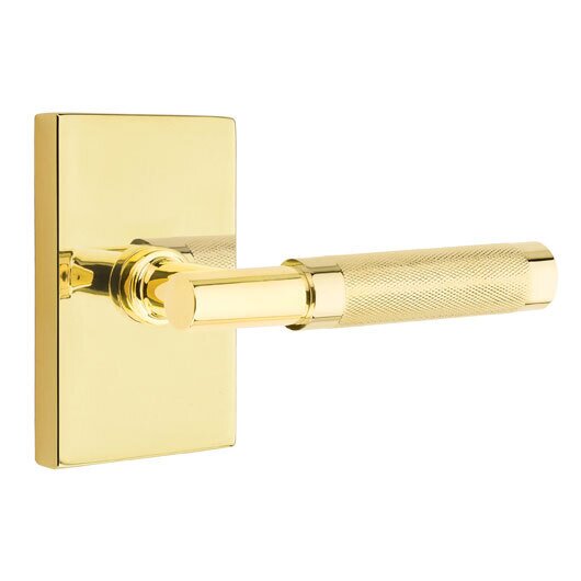 Privacy Knurled Right Handed Lever with T-Bar Stem and Modern Rectangular Rose in Unlacquered Brass