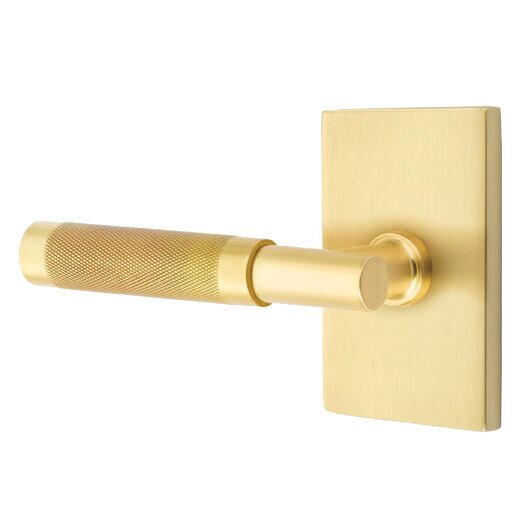 Privacy Knurled Left Handed Lever with T-Bar Stem and Modern Rectangular Rose in Satin Brass