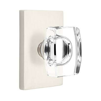 Windsor Privacy Door Knob with Modern Rectangular Rose in Satin Nickel