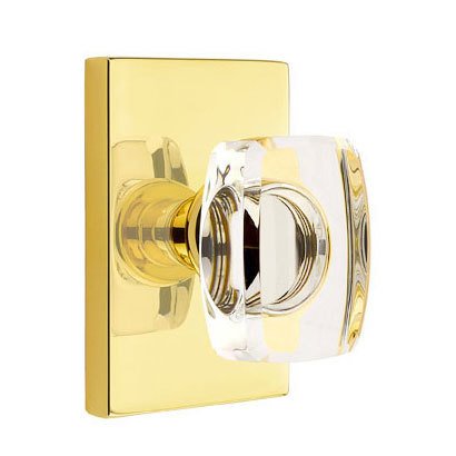 Windsor Privacy Door Knob with Modern Rectangular Rose in Unlacquered Brass