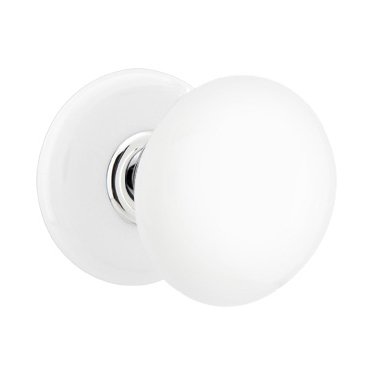 Privacy Ice White Porcelain Knob With Porcelain Rosette and Polished Chrome Center Ring