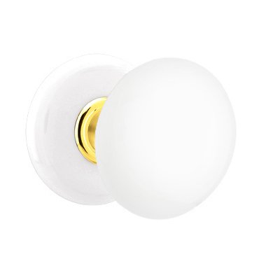 Privacy Ice White Porcelain Knob With Porcelain Rosette and Polished Brass Center Ring