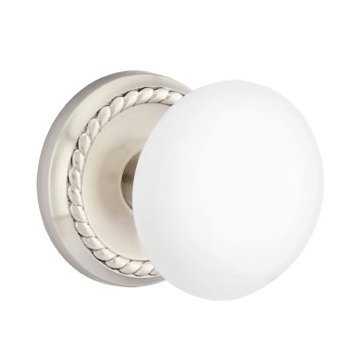 Single Dummy Ice White Porcelain Knob With Rope Rosette  in Satin Nickel