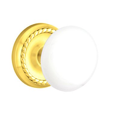 Double Dummy Ice White Porcelain Knob With Rope Rosette  in Unlacquered Brass
