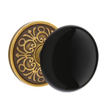 Single Dummy Ebony Porcelain Knob With Lancaster Rosette  in French Antique Brass