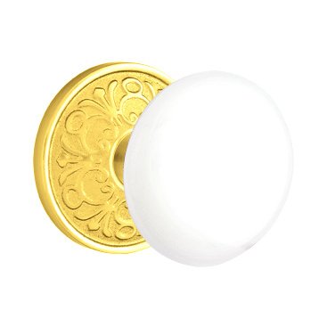 Single Dummy Ice White Porcelain Knob With Lancaster Rosette  in Polished Brass
