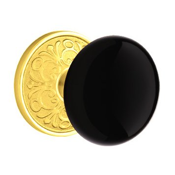 Double Dummy Ebony Porcelain Knob With Lancaster Rosette  in Unlacquered Brass