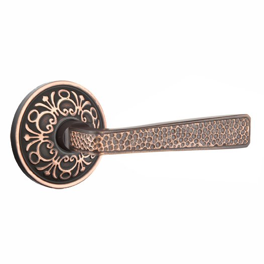 Right Handed Double Dummy Hammered Door Lever with Lancaster Rose in Oil Rubbed Bronze