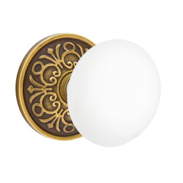 Double Dummy Ice White Porcelain Knob With Lancaster Rosette  in French Antique Brass
