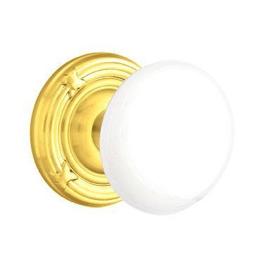 Double Dummy Ice White Porcelain Knob With Ribbon & Reed Rosette  in Unlacquered Brass