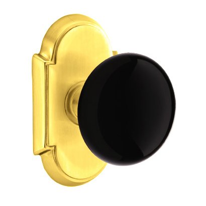 Single Dummy Ebony Porcelain Knob With #8 Rosette in Unlacquered Brass