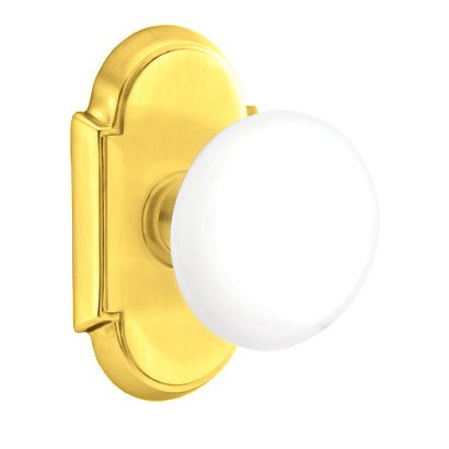 Double Dummy Ice White Porcelain Knob With #8 Rosette in Polished Brass