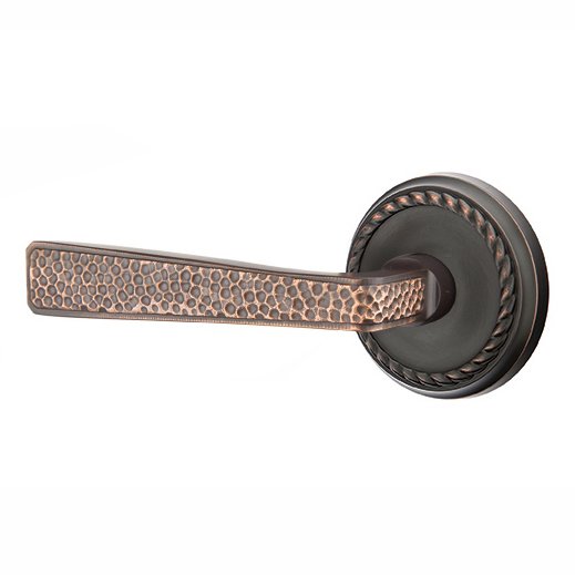 Left Handed Passage Hammered Door Lever with Rope Rose in Oil Rubbed Bronze
