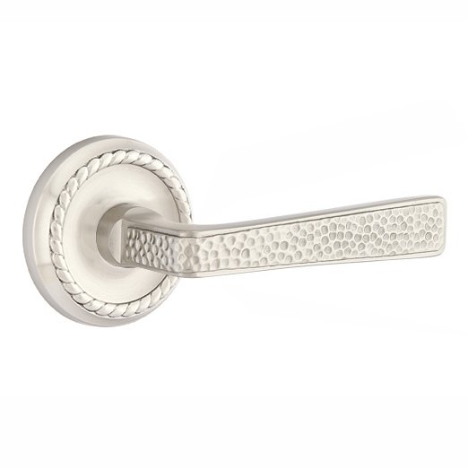 Right Handed Passage Hammered Door Lever with Rope Rose in Satin Nickel